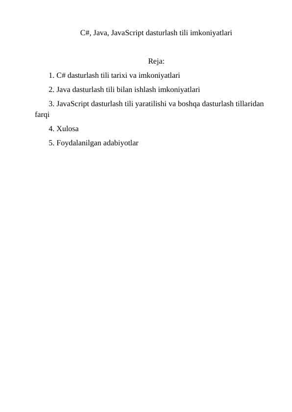 C#, Java, JavaScript dasturlari Mustaqil ish