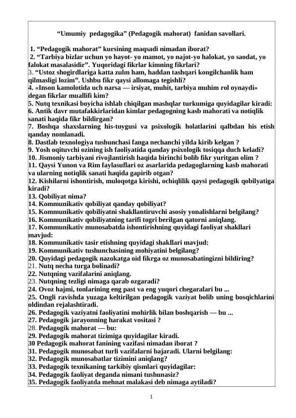 Pedagogik mahoratdan savollar