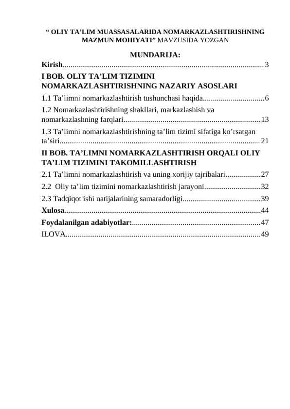 OLIY TA’LIM MUASSASALARIDA NOMARKAZLASHTIRISHNING MAZMUN MOHIYATI