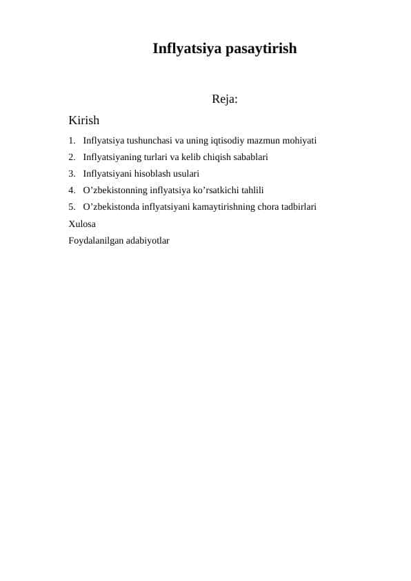 Inflyatsiya pasaytirish