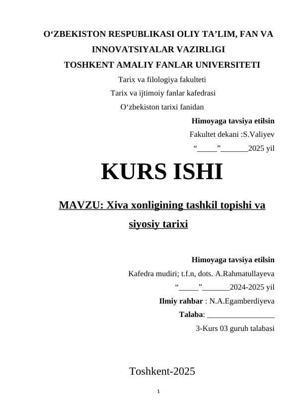 Xiva xonligining tashkil topishi va siyosiy tarixi KURS ISHI.docx