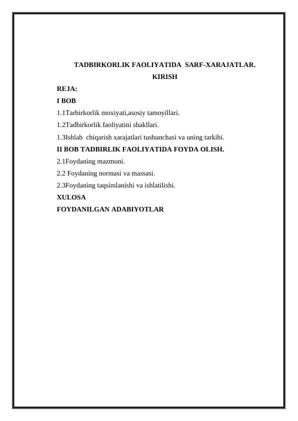 TADBIRKORLIK FAOLIYATIDA SARF-XARAJATLAR