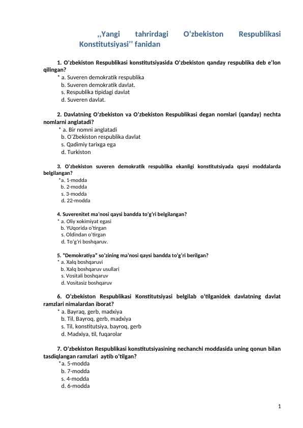 Yangi tahrirdagi O’zbekiston Respublikasi Konstitutsiyasi test