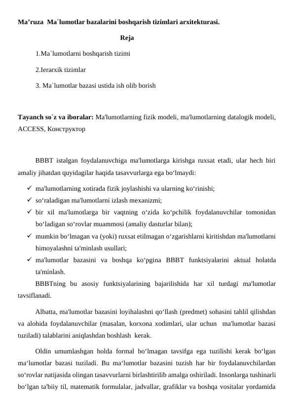 Ma`lumotlar bazalarini boshqarish tizimlari arxitekturasi