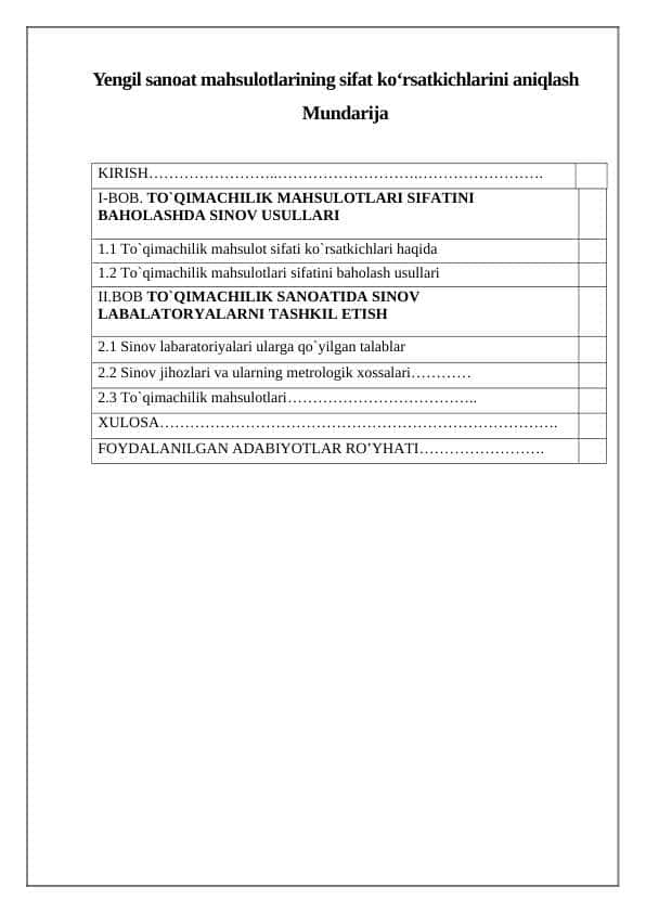Yengil sanoat mahsulotlarining sifat ko‘rsatkichlarini aniqlash