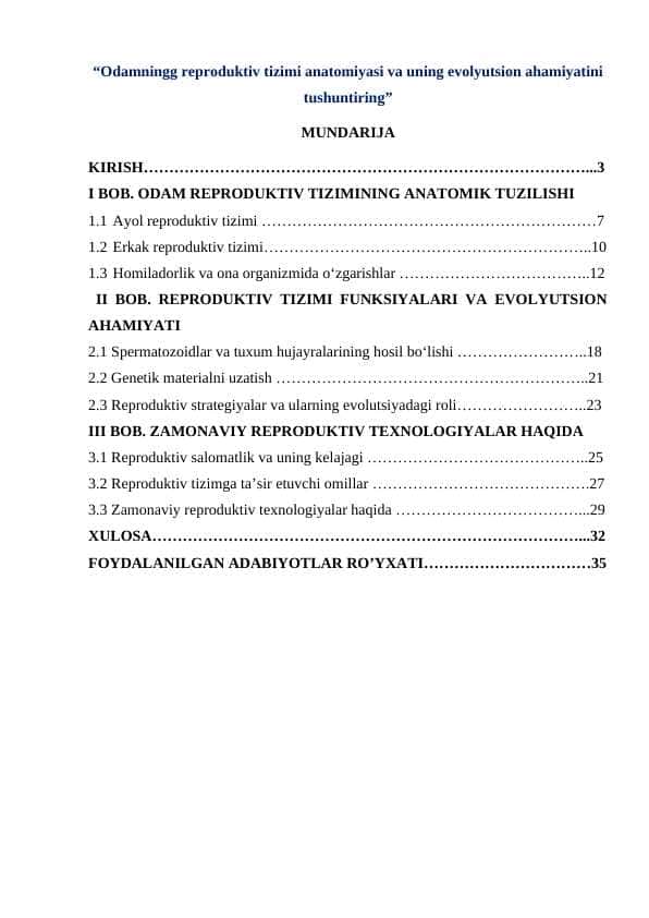 “Odamningg reproduktiv tizimi anatomiyasi va uning evolyutsion ahamiyati