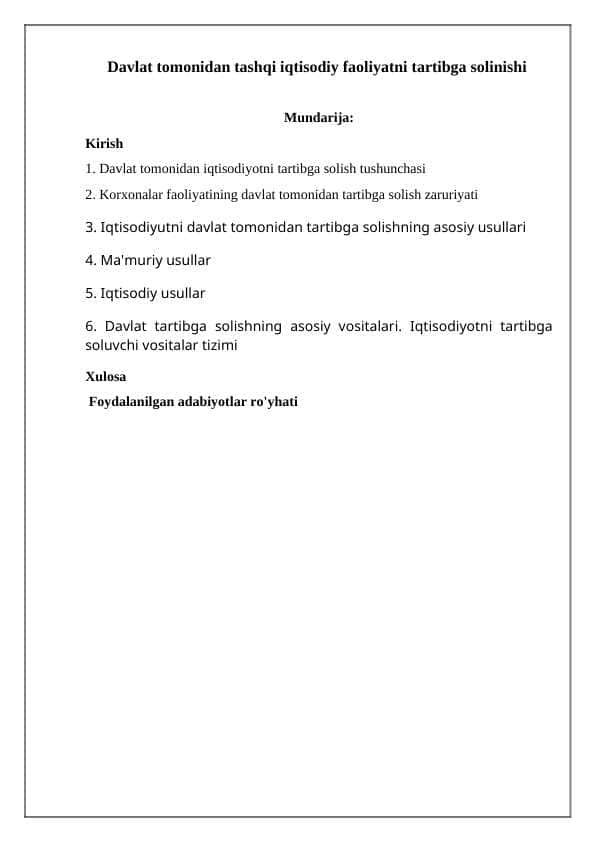 Davlat tomonidan iqtisodiyotni tartibga solishning zamona