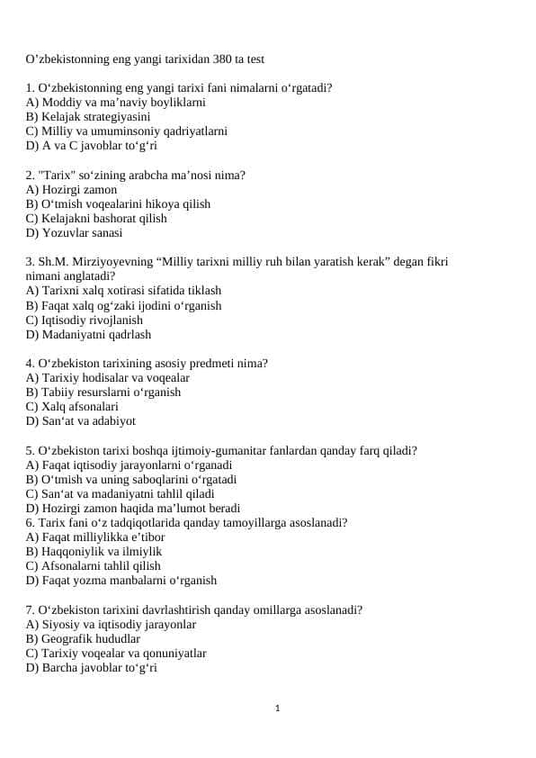 O'zbekistonning eng yangi tarixidan 380 ta test