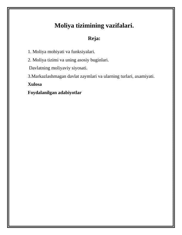 Moliya tizimining vazifalari