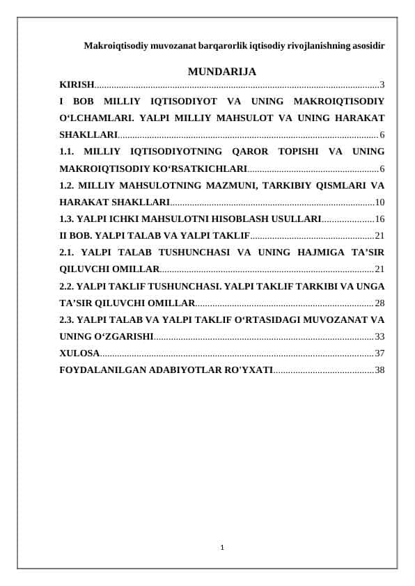 Makroiqtisodiy muvozanat barqarorlik iqtisodiy rivojlanishning asosidir