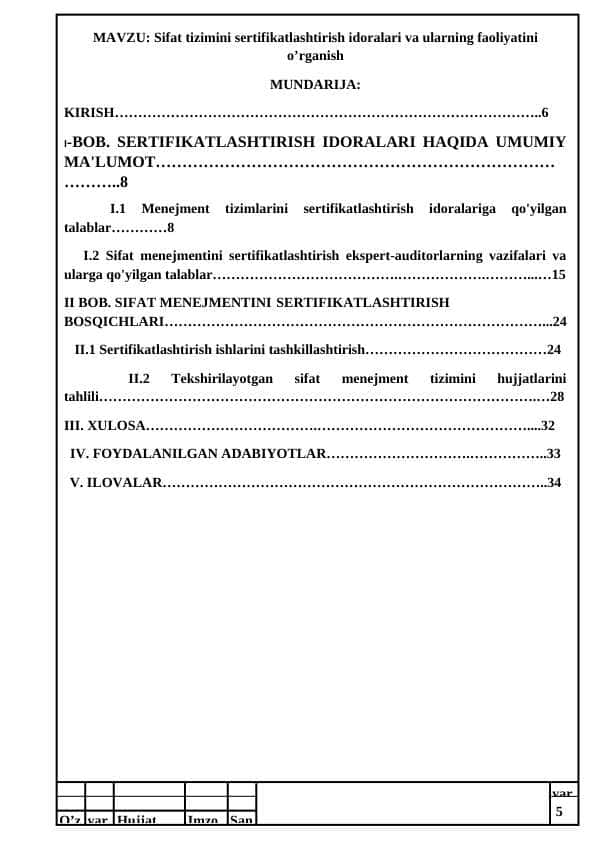 Sifat tizimini sertifikatlashtirish idoralari va ularning faoliyatini o’rganish
