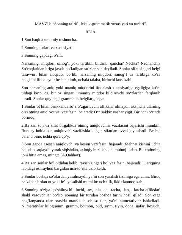 Sonning ta’rifi, leksik-grammatik xususiyati va turlari