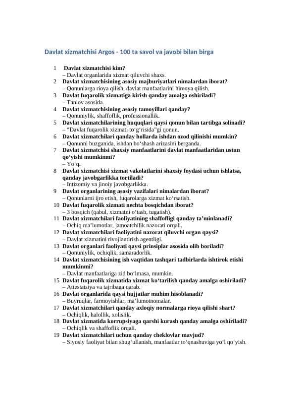 DAVLAT XIZMATCHISI ARGOS 300 TA SAVOL JAVOBI BILAN 2025