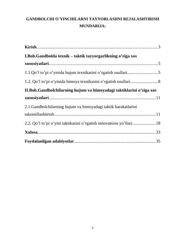 GANDBOLCHI O`YINCHILARNI TAYYORLASHNI REJALASHTIRISH