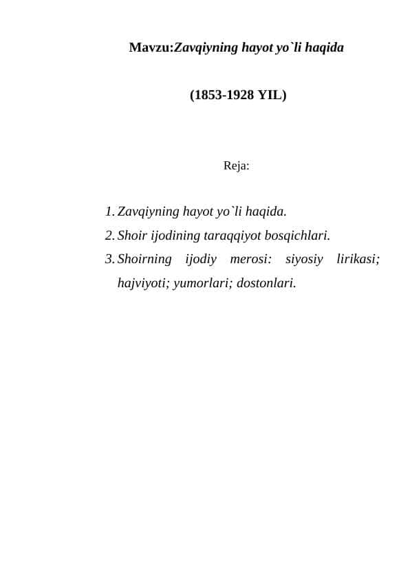 Zavqiyning hayot yo`li haqida