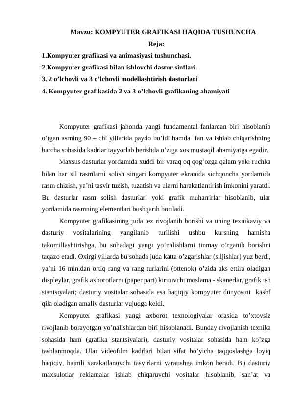 KOMPYUTER GRAFIKASI HAQIDA TUSHUNCHA