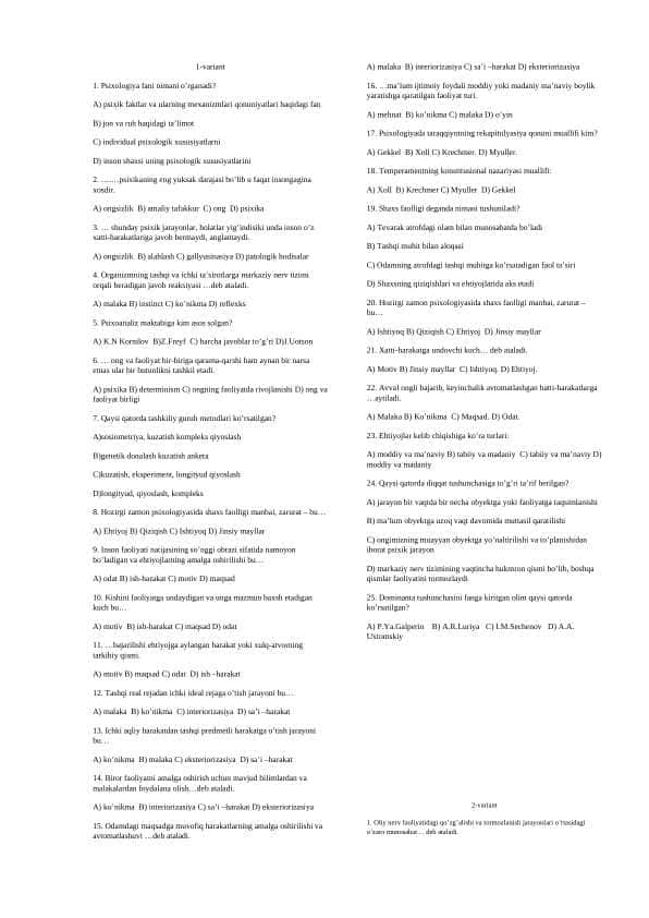 Psixologiya fanidan testlar bazasi