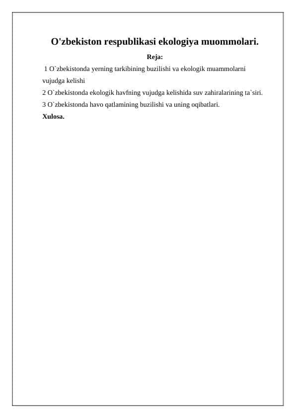 O'zbekiston respublikasi ekologiya muommolari