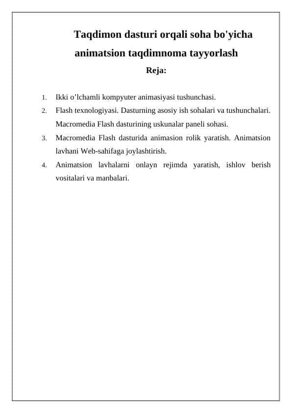 Taqdimon dasturi orqali soha bo'yicha animatsion taqdimnoma tayyorlash