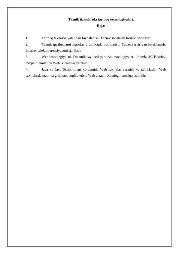 Texnik tizimlarida tarmoq texnologiyalari