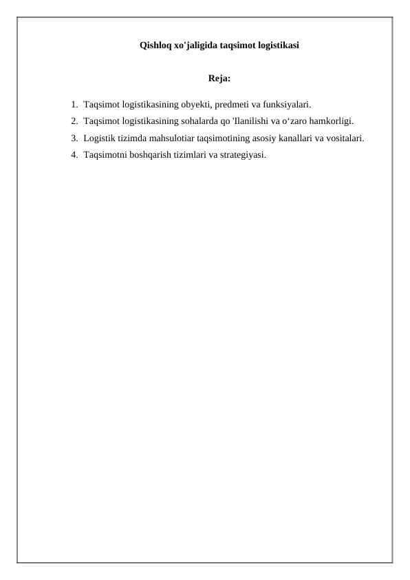 Qishloq xo'jaligida taqsimot logistikasi