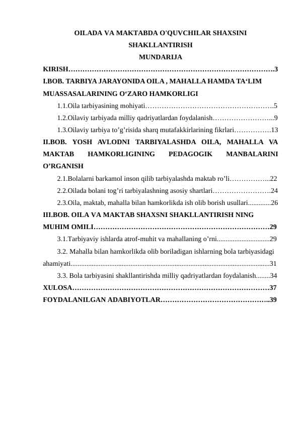 OILADA VA MAKTABDA O'QUVCHILAR SHAXSINI SHAKLLANTIRISH