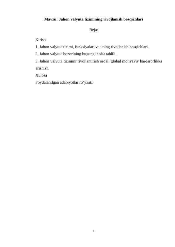 Jahon valyuta tizimi va uning rivojlanish bosqichlari