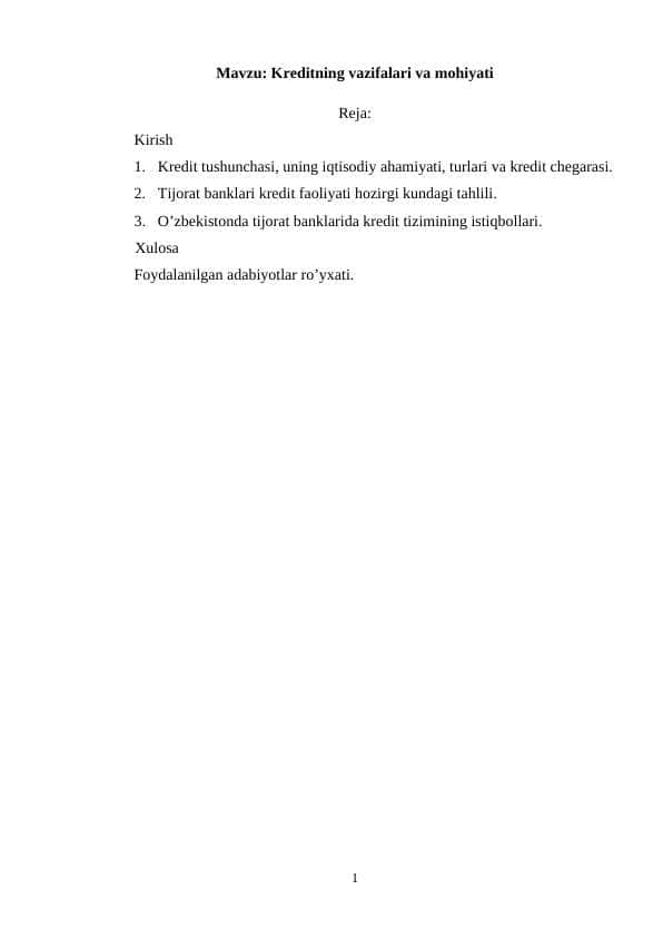 Kreditning vazifalari va mohiyati