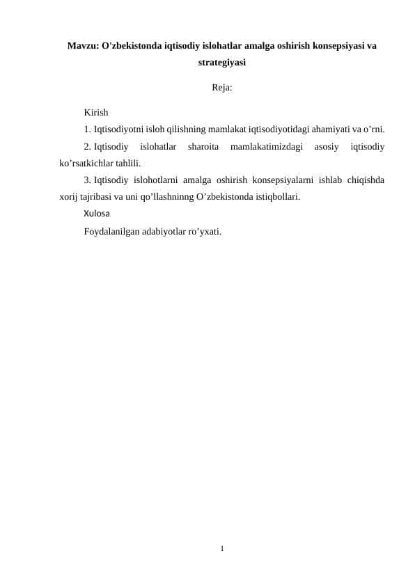 O'zbekistonda iqtisodiy islohatlar amalga oshirish konsepsiyasi va strategiyasi (kurs ishi)