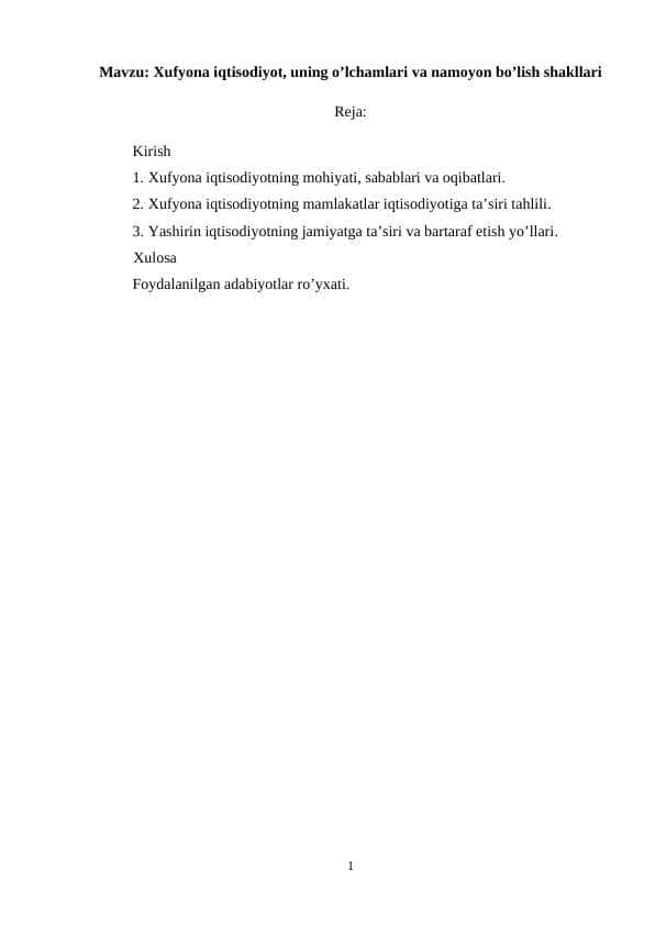 Xufyona iqtisodiyot, uning o'lchamlari va nomoyon bo'lish shakllari (kurs ishi)
