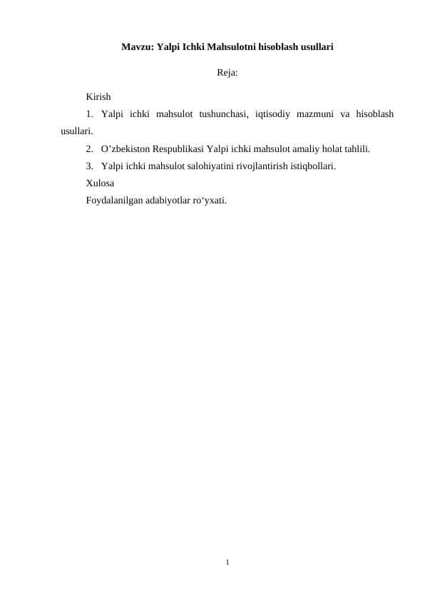 Yalpi Ichki Mahsulotni hisoblash usullari (kurs ishi)