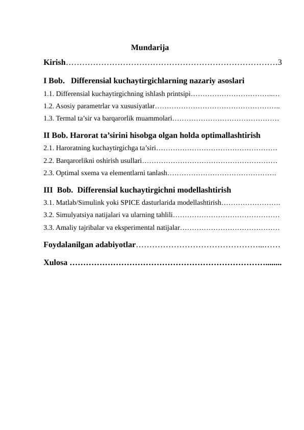 Harorat barqarorligini optimallashtirilgandifferensial kuchaytirgichni modellashtirish