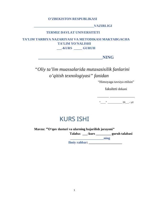 O‘quv dasturi va ularning bajarilish jarayoni