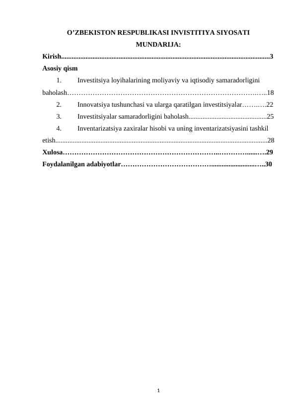 O’ZBEKISTON RESPUBLIKASI INVISTITIYA SIYOSATI