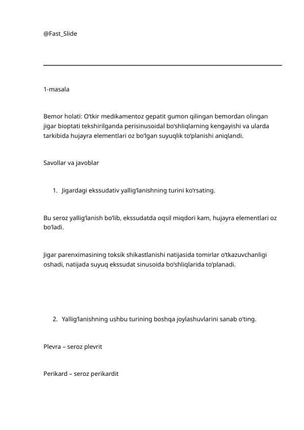 Patologik anatomiya fanidan ishchi daftar javoblari ( 2-kurs 3 qism vaziyatli masalalar)