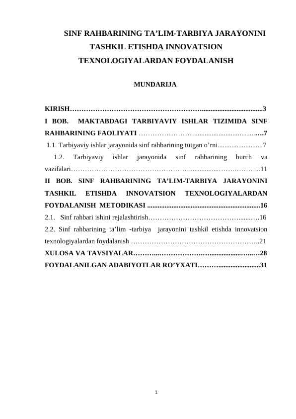 SINF RAHBARINING TA’LIM-TARBIYA JARAYONINI TASHKIL ETISHDA INNOVATSION TEXNOLOGIYALARDAN FOYDALANISH