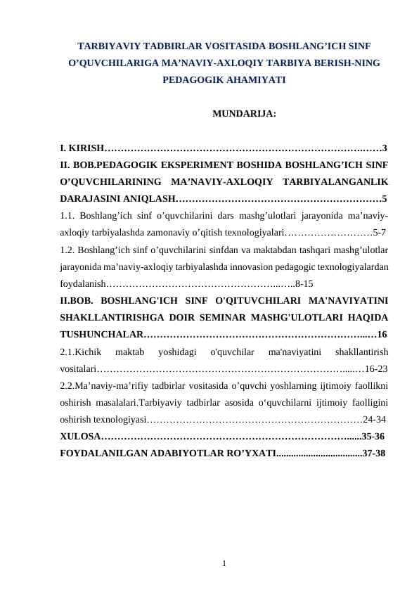 TARBIYAVIY TADBIRLAR VOSITASIDA BOSHLANG’ICH SINF O’QUVCHILARIGA MA’NAVIY-AXLOQIY TARBIYA BERISH-NING PEDAGOGIK AHAMIYATI