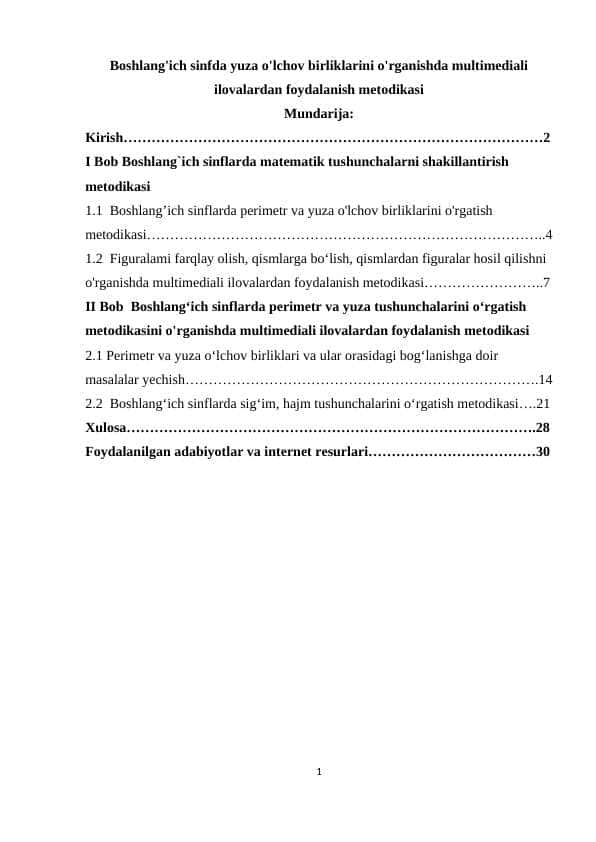 Boshlang'ich sinfda yuza o'lchov birliklarini o'rganishda multimediali ilovalardan foydalanish metodikasi