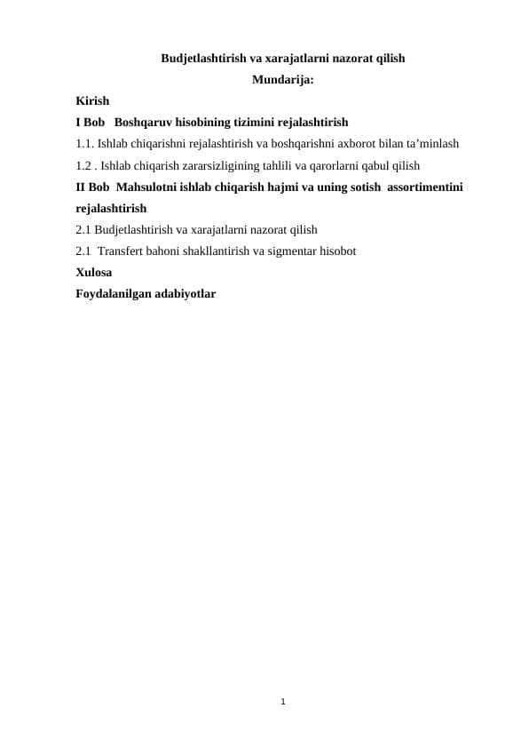 Budjetlashtirish va xarajatlarni nazorat qilish