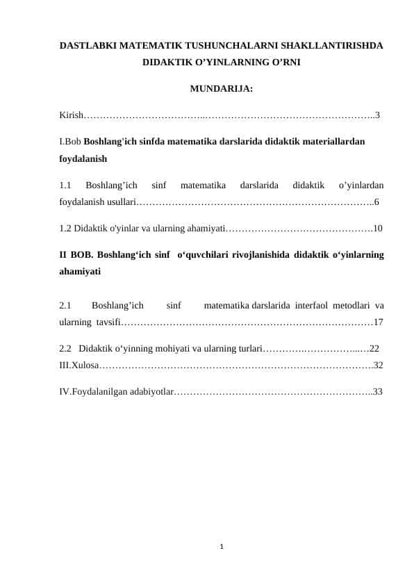 DASTLABKI MATEMATIK TUSHUNCHALARNI SHAKLLANTIRISHDA DIDAKTIK O’YINLARNING O’RNI
