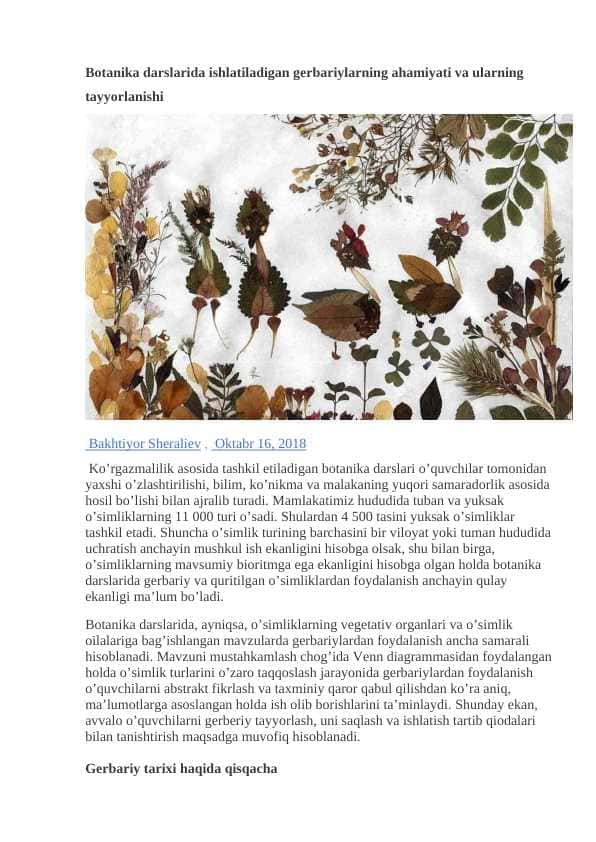 MUSTAQIL ISH. Botonika darslarida ishlatilinadigan gerbariylarining ahamiyati va ularning tayyorlanishi
