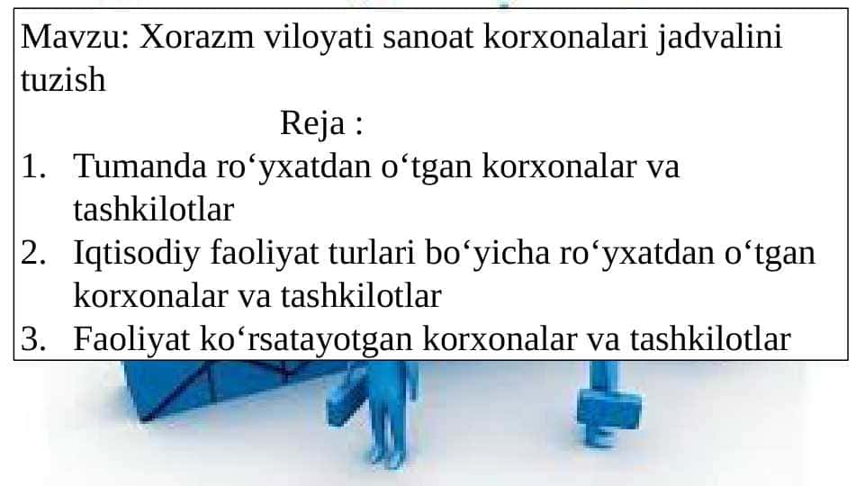 Xorazm viloyati sanoat korxonalari jadvalini tuzish