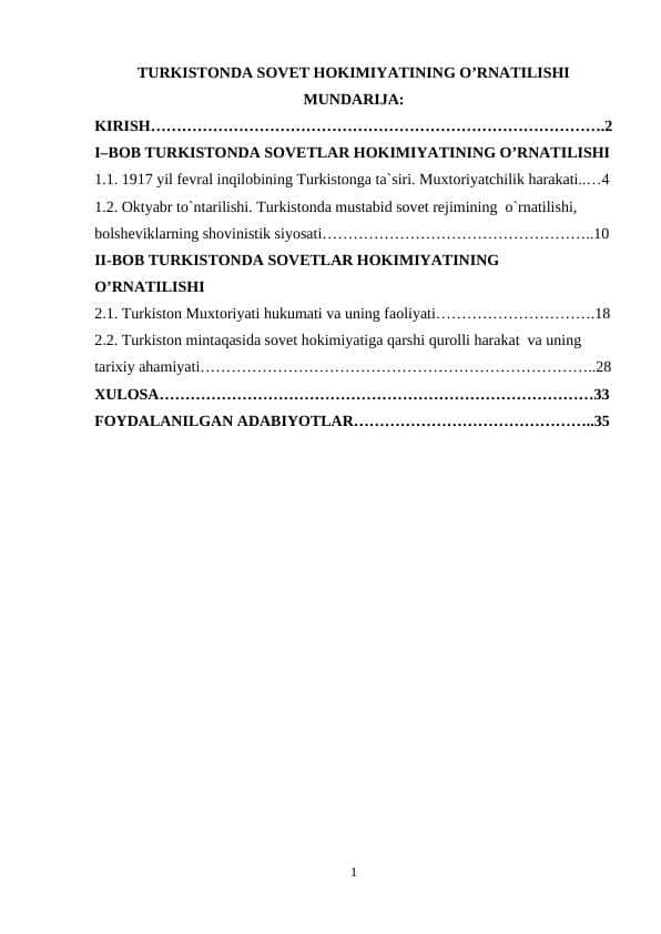 TURKISTONDA SOVET HOKIMIYATINING O’RNATILISHI