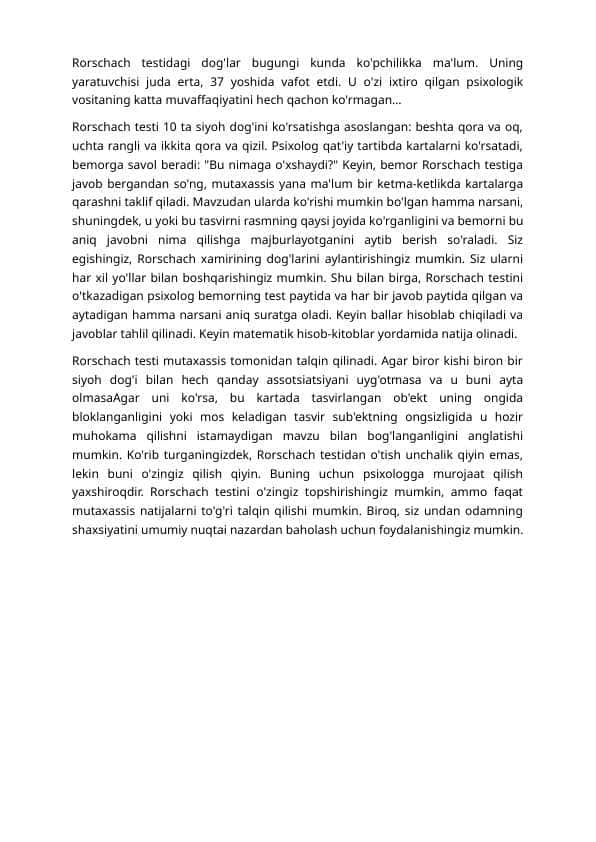 Rorschach testi. Shaxsiyat testi. Rorshax_siyoh_dog'lari_testi