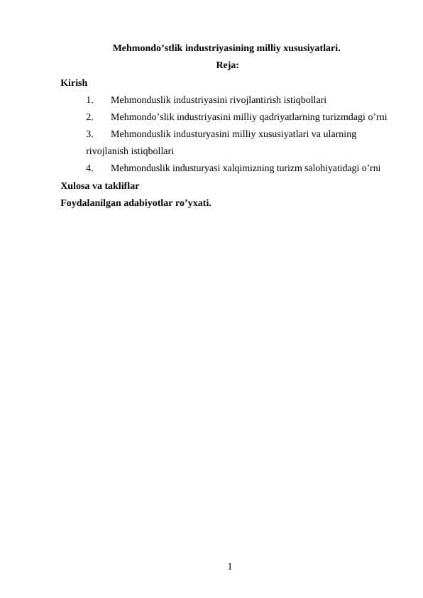 Mehmondo’stlik industriyasining milliy xususiyatlari.