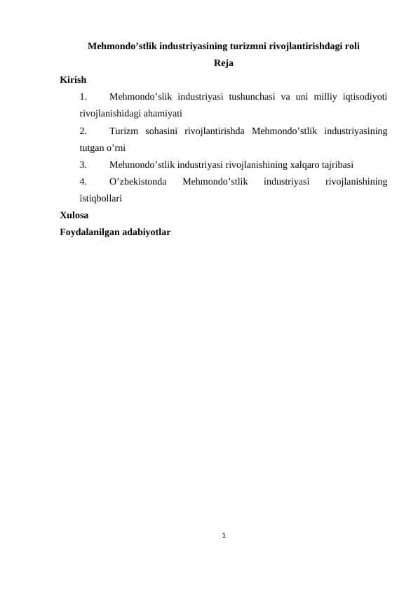 Mehmondo’stlik industriyasining turizmni rivojlantirishdagi roli