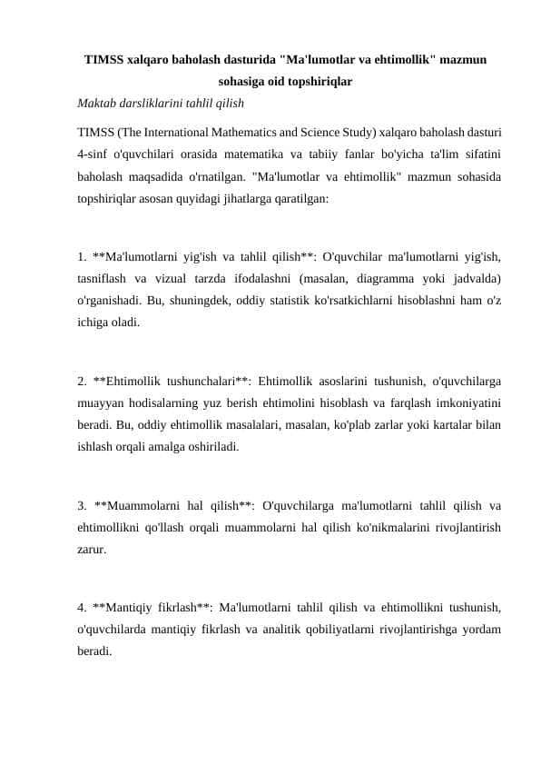 TIMSS xalqaro baholash dasturida "Ma'lumotlar va ehtimollik" mazmun sohasiga oid topshiriqlar
