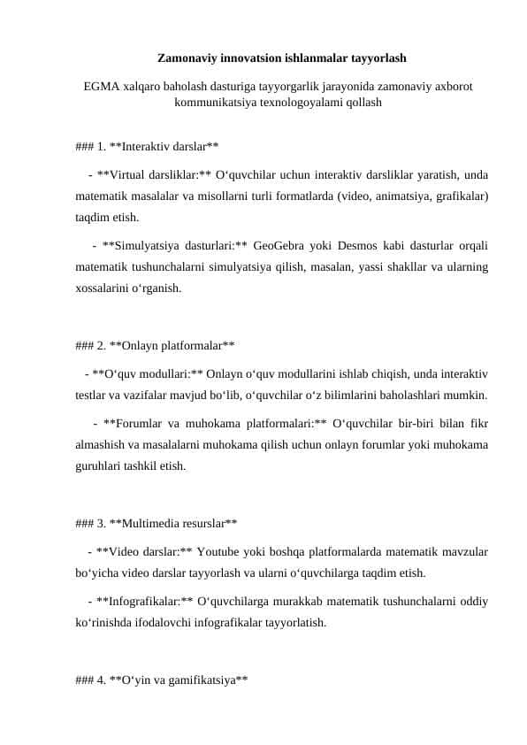 Zamonaviy innovatsion ishlanmalar tayyorlash