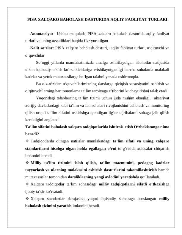 PISA XALQARO BAHOLASH DASTURIDA AQLIY FAOLIYAT TURLARI