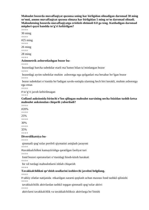 Mikro - makro iqtisodiyot yakuniy test savollari